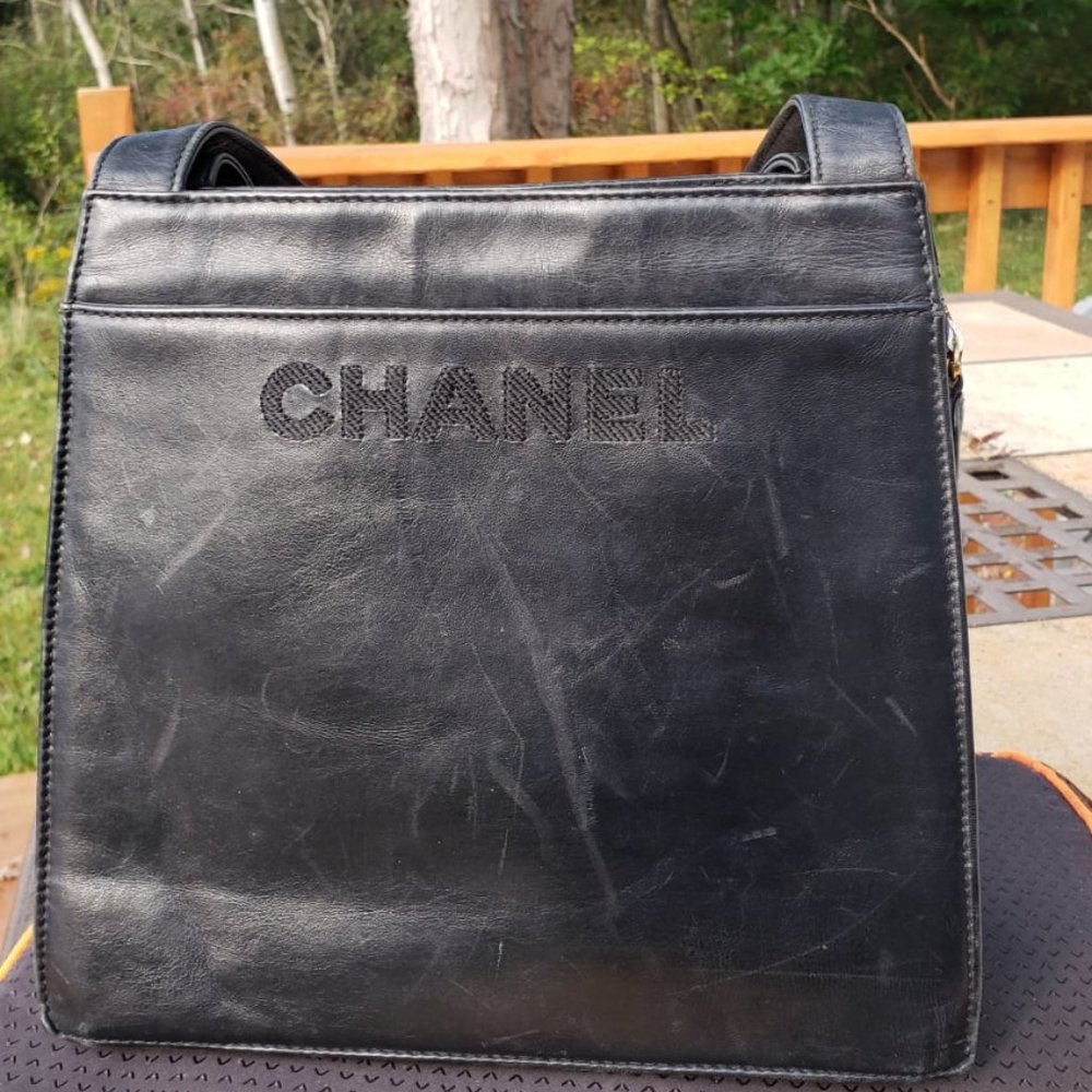 Authentic Chanel logo leather tote bag vintage